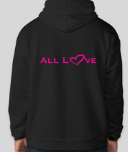 Load image into Gallery viewer, The conscious hoodie has arrived. There is no place for any type of hatred. This is all love.  The focus is peace, love and unity. Stay cool and cozy in our No Hate Gear Hoodie from the No Hate Gear Collection. This color is Black with  Florescent Pink Letters. The No Hate Symbol is on the front with All Love on the back.  By Art of Love Apparel & Decor.