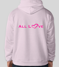 Load image into Gallery viewer, The conscious hoodie has arrived. There is no place for any type of hatred. This is all love.  The focus is peace, love and unity. Stay cool and cozy in our No Hate Gear Hoodie from the No Hate Gear Collection. This color is Pale Pink  with  Florescent Pink Letters. The No Hate Symbol is on the front with All Love on the back.  By  Art of Love Apparel &amp; Decor. 