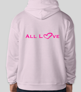 The conscious hoodie has arrived. There is no place for any type of hatred. This is all love.  The focus is peace, love and unity. Stay cool and cozy in our No Hate Gear Hoodie from the No Hate Gear Collection. This color is Pale Pink  with  Florescent Pink Letters. The No Hate Symbol is on the front with All Love on the back.  By  Art of Love Apparel & Decor. 