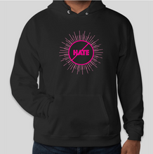 Load image into Gallery viewer, The conscious hoodie has arrived. There is no place for any type of hatred. This is all love.  The focus is peace, love and unity. Stay cool and cozy in our No Hate Gear Hoodie from the No Hate Gear Collection. This color is Black with  Florescent Pink Letters. The No Hate Symbol is on the front with All Love on the back. By Art of Love Apparel &amp; Decor. 