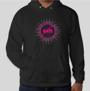 The conscious hoodie has arrived. There is no place for any type of hatred. This is all love.  The focus is peace, love and unity. Stay cool and cozy in our No Hate Gear Hoodie from the No Hate Gear Collection. This color is Black with  Florescent Pink Letters. The No Hate Symbol is on the front with All Love on the back. By Art of Love Apparel & Decor. 