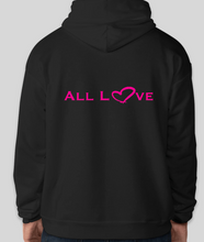 Load image into Gallery viewer, The conscious hoodie has arrived. There is no place for any type of hatred. This is all love.  The focus is peace, love and unity. Stay cool and cozy in our No Hate Gear Hoodie from the No Hate Gear Collection. This color is Black with  Florescent Pink Letters. The No Hate Symbol is on the front with All Love on the back.  By Art of Love Apparel &amp; Decor.