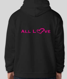 The conscious hoodie has arrived. There is no place for any type of hatred. This is all love.  The focus is peace, love and unity. Stay cool and cozy in our No Hate Gear Hoodie from the No Hate Gear Collection. This color is Black with  Florescent Pink Letters. The No Hate Symbol is on the front with All Love on the back.  By Art of Love Apparel & Decor.